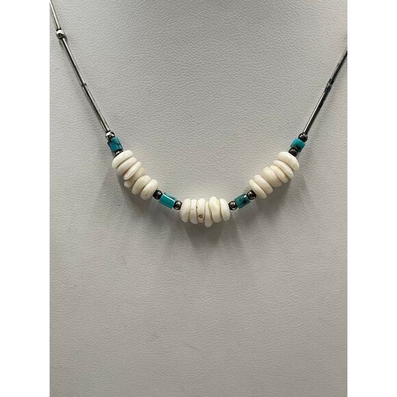 Vintage Southwestern Sterling Silver Turquoise and Shell Beaded Choker Necklace - Picture 2 of 9